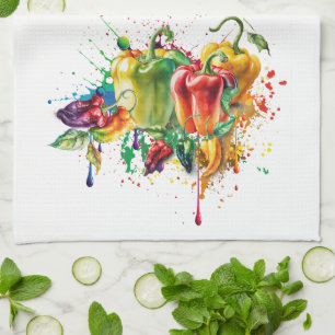 Chili & Bell Peppers Splatter Art Tea Towel