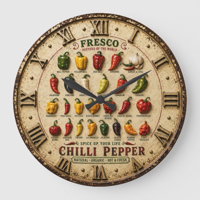 Chili Pepper Kitchen Rustic Farmhouse Chef Gift Large Clock (Front)