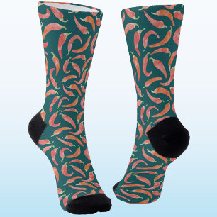 Chili Pepper Red Teal Green Watercolor Art Socks