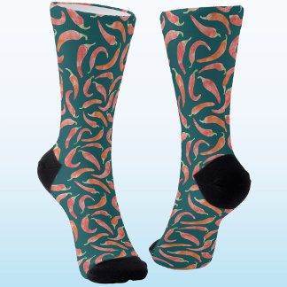 Chili Pepper Red Teal Green Watercolor Art Socks