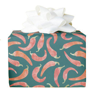 Chili Pepper Red Teal Green Watercolor Art Wrapping Paper