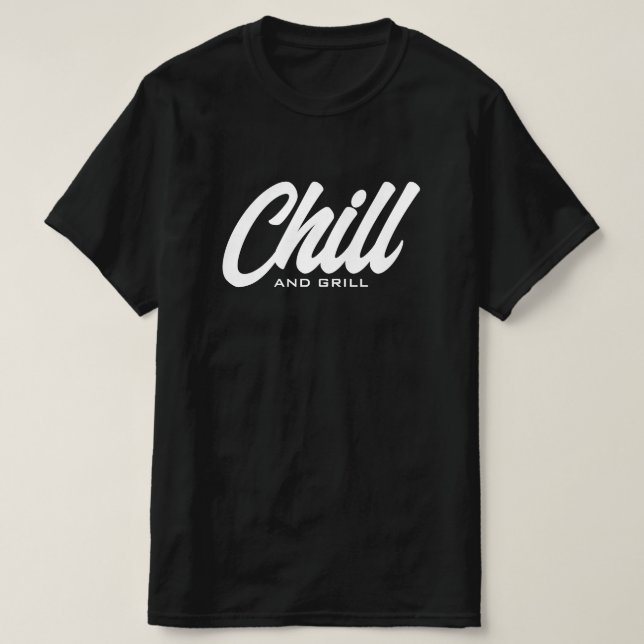 Chill and grill funny black BBQ t shirt for men (Design Front)
