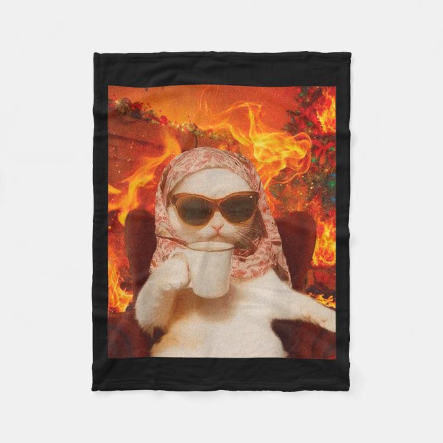 Chill Cat And Coffe Xmas Funny Cat Meme Y2k Joke  Fleece Blanket (Front)