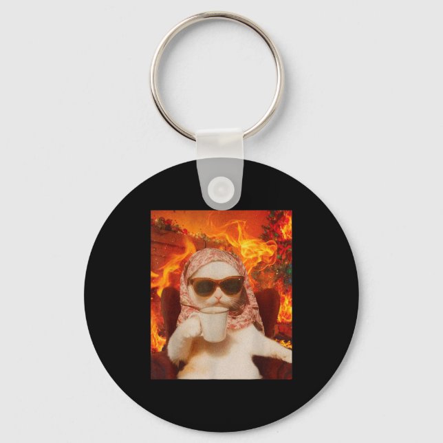 Chill Cat And Coffe Xmas Funny Cat Meme Y2k Joke  Key Ring (Front)