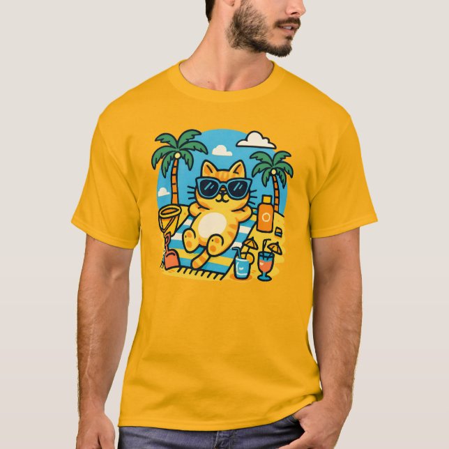 Chill Cat Beach Day Cartoon T-Shirt-Fun Summer Tee (Front)