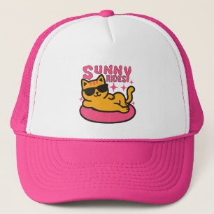 Chill cat cartoon on floatie in sunshine mood trucker hat