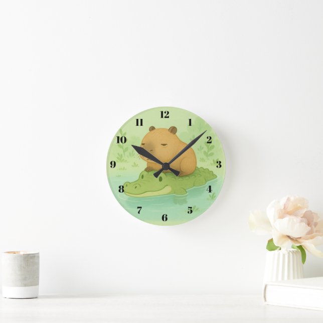 Chill & Cute: Capybara & Crocodile meme for home Round Clock (Home)