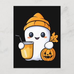 Chill Ghost Warm Coffee Cosy Fall Holiday Postcard