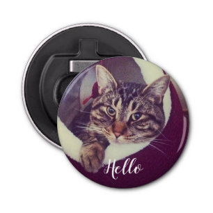 Chill Grey Tabby Cat Says Hello Custom Photo Bottle Opener
