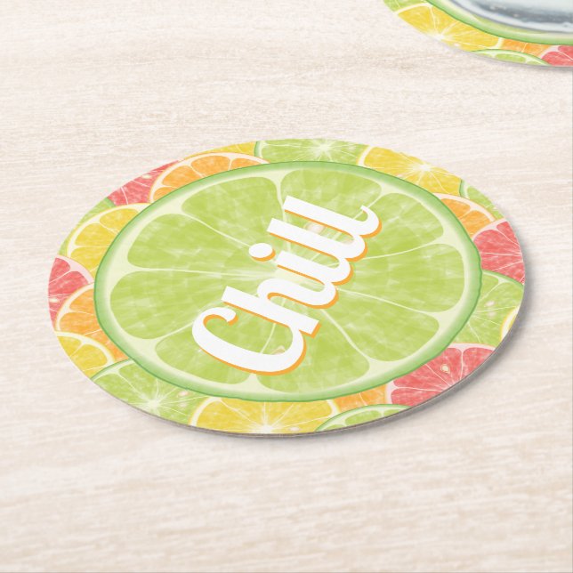 Chill Lime Citrus Slices Round Paper Coaster (Angled)