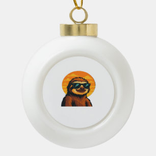 Chill Sloth with Sunglasses - Retro Sunset Vibes C Ceramic Ball Christmas Ornament
