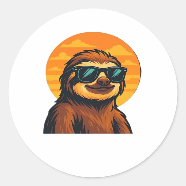 Chill Sloth with Sunglasses - Retro Sunset Vibes C Classic Round Sticker (Front)