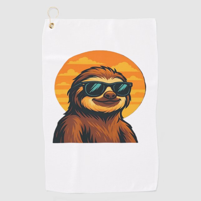 Chill Sloth with Sunglasses - Retro Sunset Vibes C Golf Towel (Front)