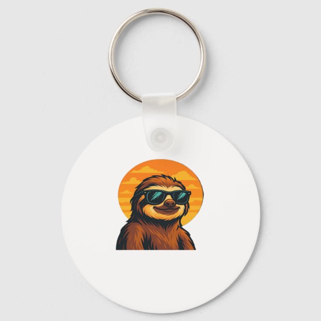 Chill Sloth with Sunglasses - Retro Sunset Vibes C Key Ring (Front)