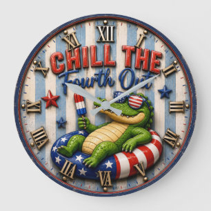 Chill the Fourth Out Funny Patriotic Alligato Large Clock