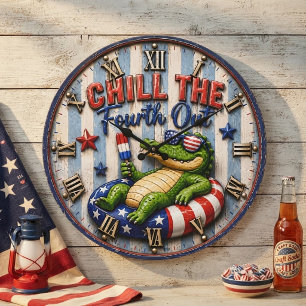 Chill the Fourth Out Funny Patriotic Alligato Large Clock