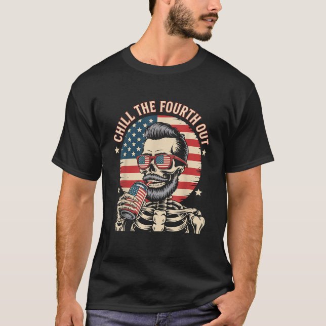 Chill The Fourth Out Patriotic Skeleton USA Flag M T-Shirt (Front)