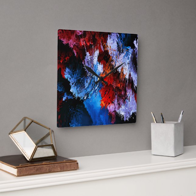 Chilled Inferno Blue Red Contemporary Abstract Art Square Wall Clock (Office)