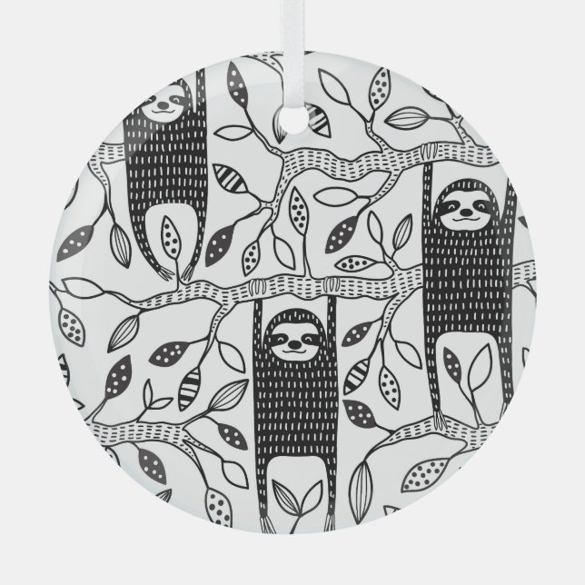 Chilled Sloths: Cute Animal Pattern. Glass Tree Decoration (Front)