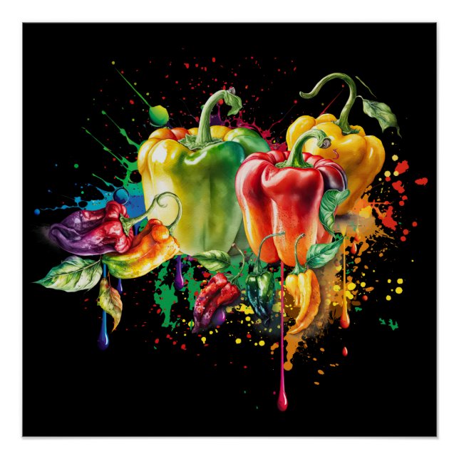 Chilli & Bell Peppers Splatter Art Poster (Front)