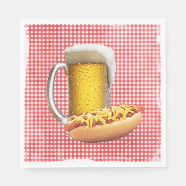 Chilli Hot Dog and Beer On Gingham Napkin (Front)