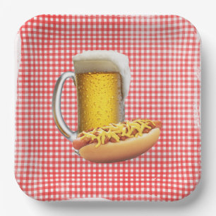 Chilli Hot Dog and Beer On Gingham Paper Plate