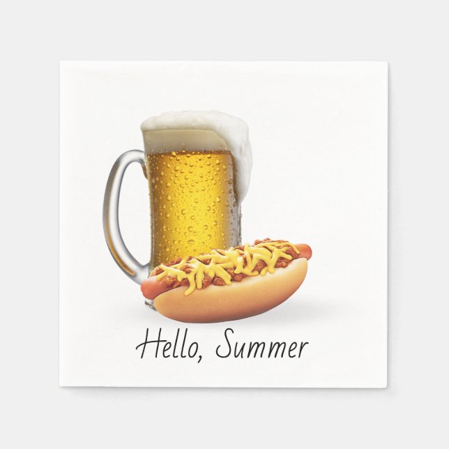 Chilli Hot Dog and Beer On White Napkin (Front)
