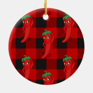 Chilli Pepper Buffalo Plaid Pattern Black and Red  Ceramic Tree Decoration