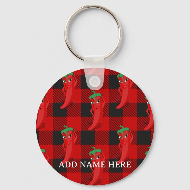 Chilli Pepper Buffalo Plaid Pattern Black and Red  Key Ring (Front)
