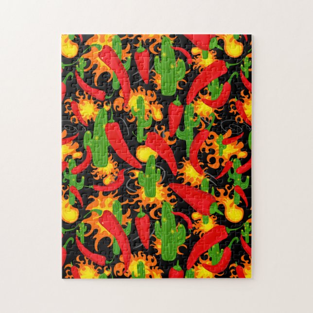 Chilli Pepper, Cactus and Flames Colourful Jigsaw Puzzle (Vertical)