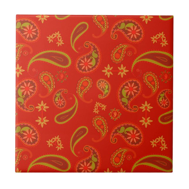 Chilli Pepper Red and Lime Green Paisley Pattern Tile (Front)