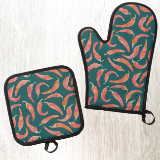 Chilli Pepper Red Teal Green Watercolor Art Oven Mitt & Pot Holder Set
