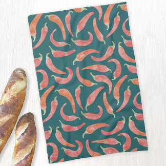 Chilli Pepper Red Teal Green Watercolor Art Tea Towel