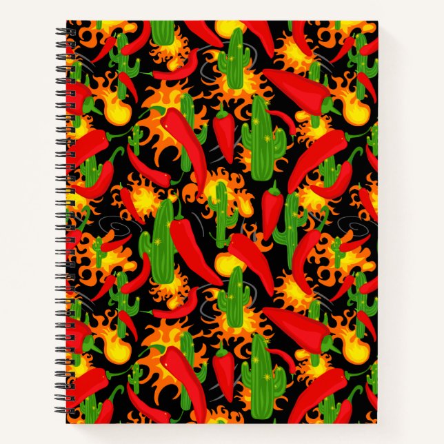 Chilli Peppers, Cactus and Flames Graphic Print Notebook (Front)
