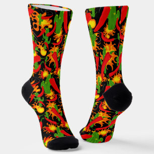 Chilli Peppers Flames and Cactus Plants Pattern Socks