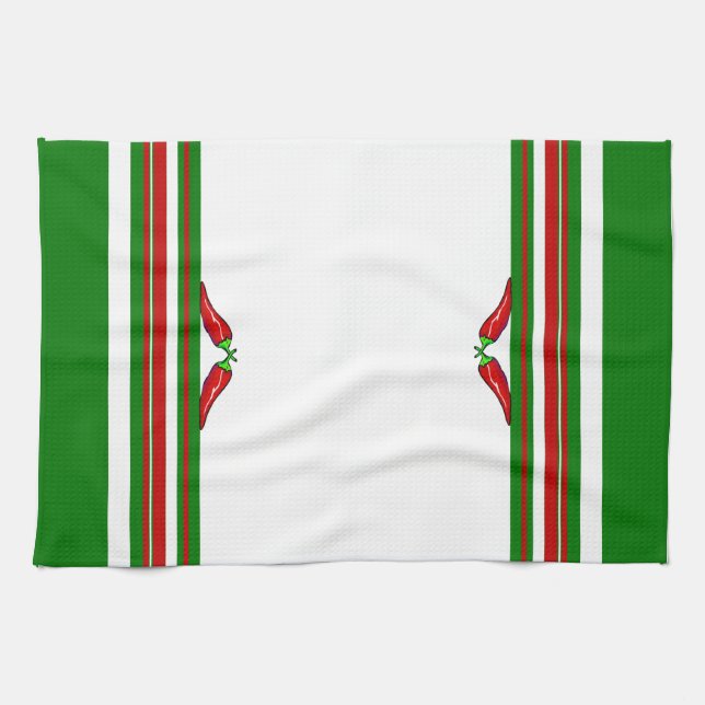 Chilli Peppers & Red, Green, and White Stripes Tea Towel (Horizontal)
