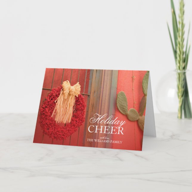 Chilli Ristra Red Wreath with rustic beige bow Holiday Card (Front)