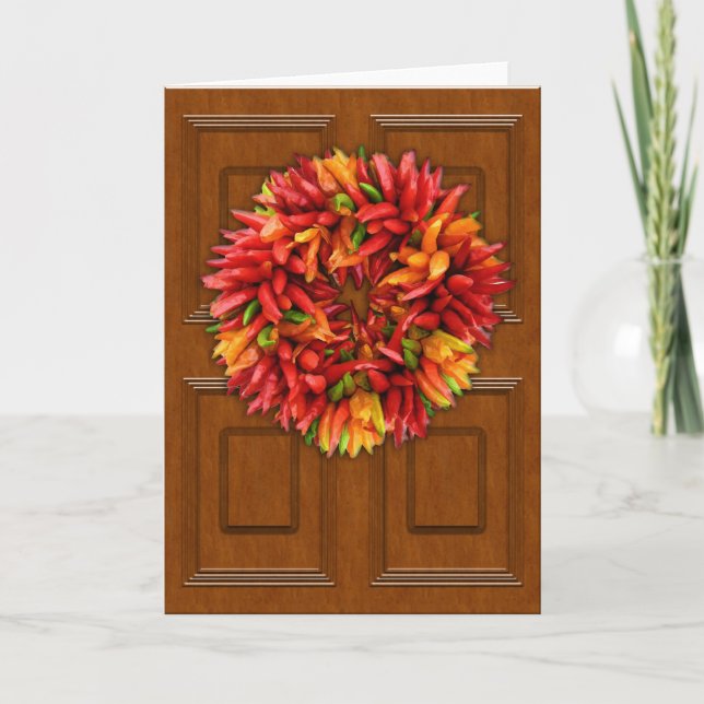 Chilli Wreath on Wood Door Holiday Card (Front)