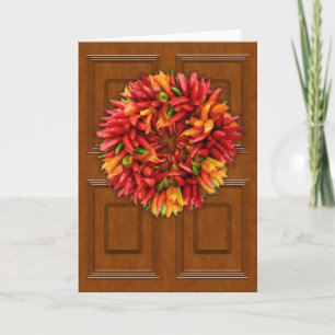 Chilli Wreath on Wood Door Holiday Card