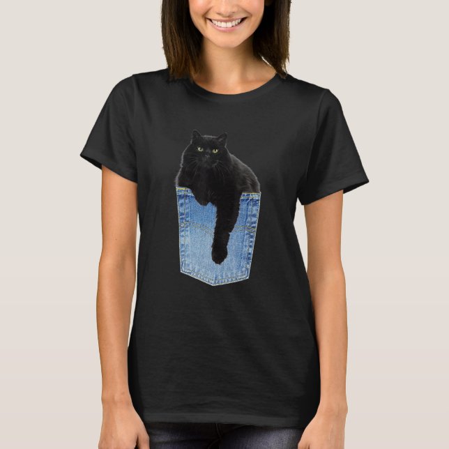 Chillin Black Cat In Denim Jean Pocket Pet T-Shirt (Front)