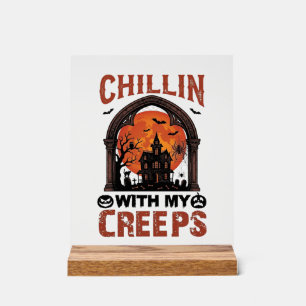 Chillin Creeps Halloween Haunted House Orange Moon Acrylic Sign