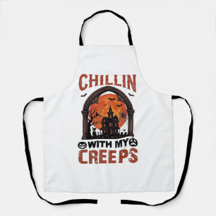 Chillin Creeps Halloween Haunted House Orange Moon Apron