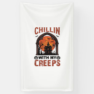 Chillin Creeps Halloween Haunted House Orange Moon Banner