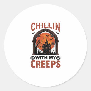 Chillin Creeps Halloween Haunted House Orange Moon Classic Round Sticker