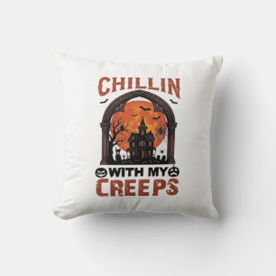 Chillin Creeps Halloween Haunted House Orange Moon Cushion