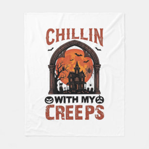 Chillin Creeps Halloween Haunted House Orange Moon Fleece Blanket