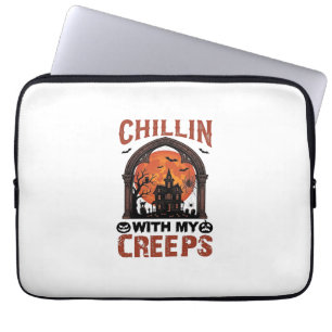 Chillin Creeps Halloween Haunted House Orange Moon Laptop Sleeve