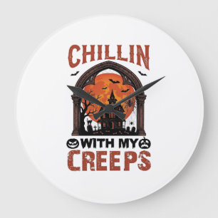Chillin Creeps Halloween Haunted House Orange Moon Large Clock