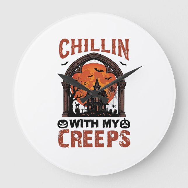 Chillin Creeps Halloween Haunted House Orange Moon Large Clock (Front)