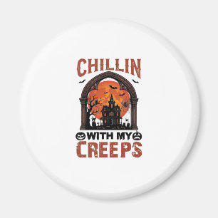Chillin Creeps Halloween Haunted House Orange Moon Magnet
